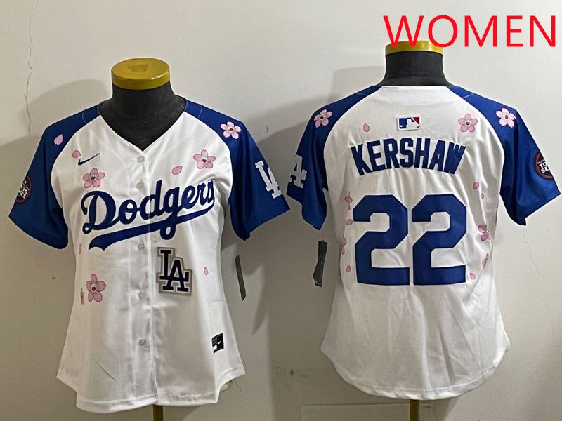 Women Los Angeles Dodgers 22 Kershaw White Blue Sakura Edition 2025 Nike MLB Jersey style 9